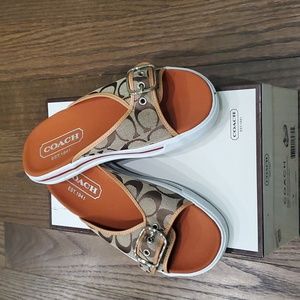 Coach Bonny Khaki and Natural Logo Slide Sandals